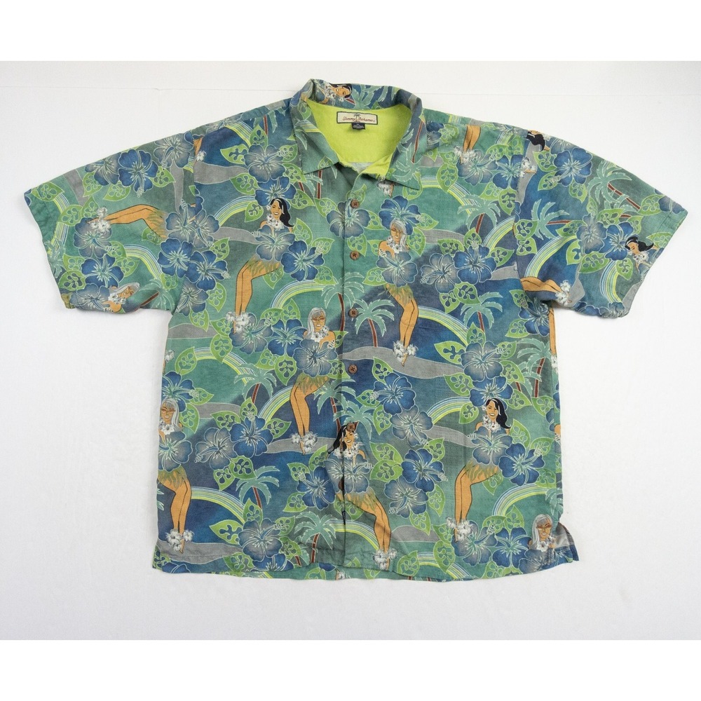 Tommy Bahama Shirt Mens XLarge Green Button Up Short Sleeve Hawaiian Collared
